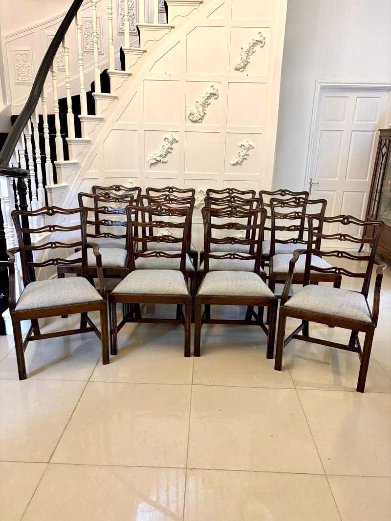 Antique Set of 12 Mahogany Chippendale Style Ladder Back Dining Chairs – 10 Singles & 2 Carvers